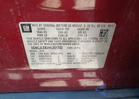 2017 Chevrolet Trax Lt из США, поврежденный, VIN 3GNCJLSB2HL251702